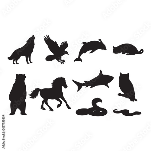 Set of wild animal silhouettes including wolf eagle horse and dolphin