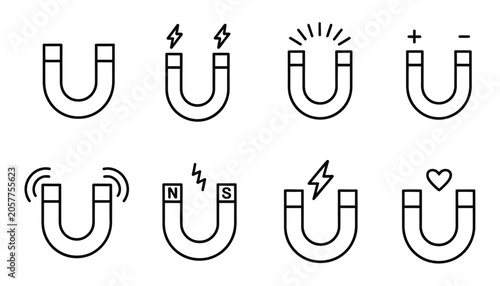Bild auf Leinwand set of eight black and white magnet icons, various magnet shapes and attraction effect symbols, physics and force concept, clean minimal vector illustration