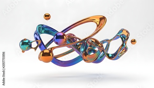 Abstract iridescent metallic fluid sculpture with spheres on a neutral background