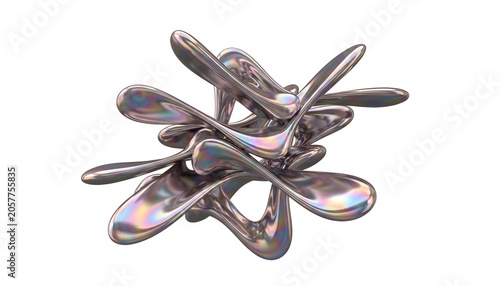 A complex iridescent metallic sculpture with fluid intertwined forms on a white background
