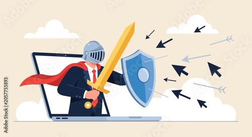 Tableau sur toile Business knight holding sword and shield defending laptop from cyber attack, concept of internet security and data protection