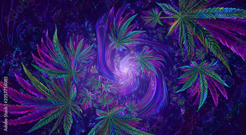 A psychedelic 420 day celebration is envisioned with a colorful psychedelic background and vibrant cannabis and hemp leaves.