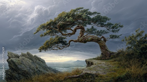 Ancient windswept tree leaning over a sea cliff. AI generated image