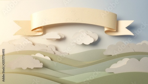 Paper cut landscape with ribbon banner and clouds scenic view