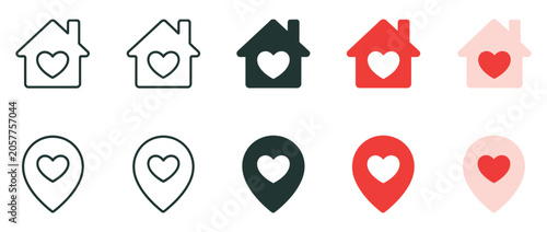 Tableau sur toile home and location pin with heart icon set, favorite place and house love symbol, real estate and destination map pointer concept, clean heart location pictogram for UI design, vector illustration