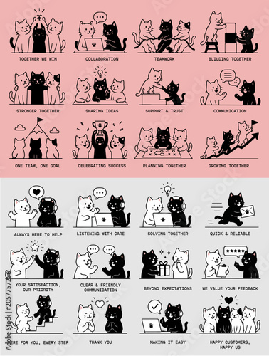 Huge set of cat vector illustrations showing team building and customer service