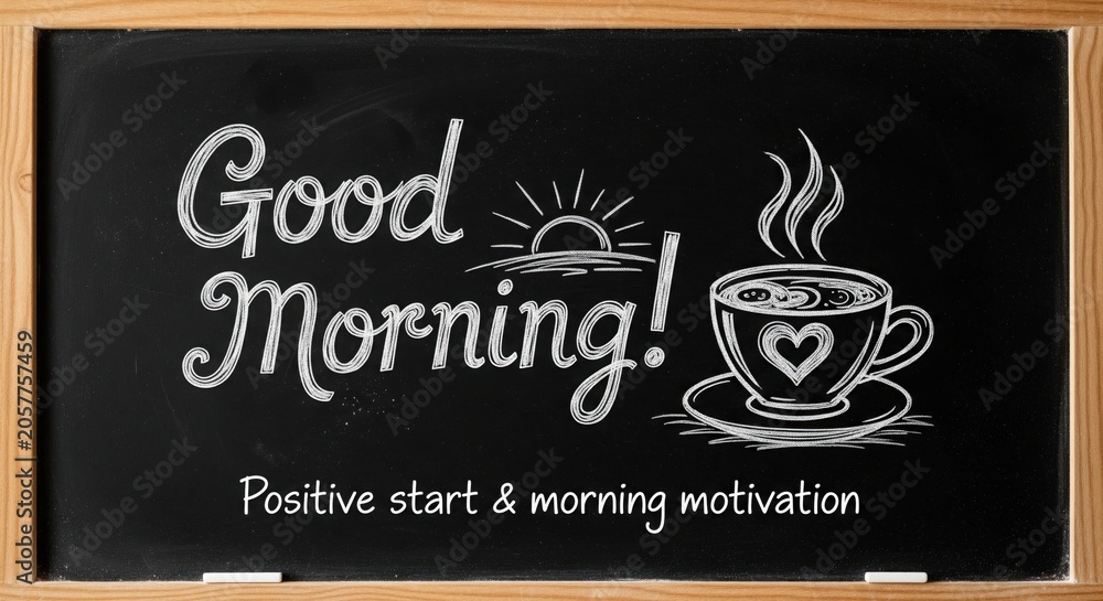 Fototapeta premium Good Morning Chalkboard Message with Coffee Cup Drawing