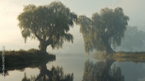 Two ancient weeping willow trees by misty water. AI generated image