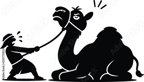 Tableau sur toile Silhouette of a man pulling a stubborn camel sitting on the ground