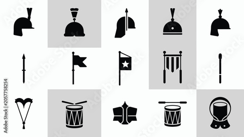 Billede på lærred Collection of medieval warrior helmets and banners for historical battle re-enactment group