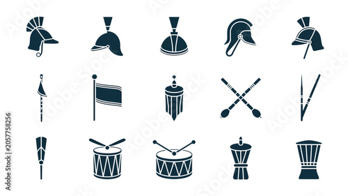 Foto Set of ancient military helmets and musical instruments for battle reenactment and historical
