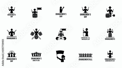 Quadro su tela Graphic set of black silhouettes depicting commemorative event symbols and parade scenes