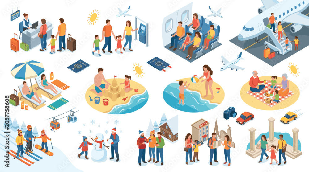 Fototapeta premium Travel tourism family vacation isometric vector set featuring airplane flights beach resorts skiing trips and historical sightseeing tours