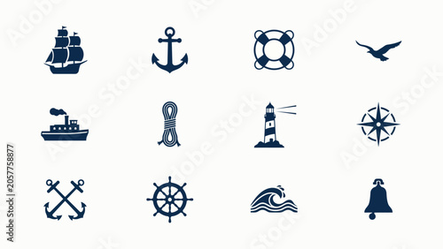 Schilderij op canvas Dark blue maritime vector icon set showcasing ships anchors ropes lighthouses and bells