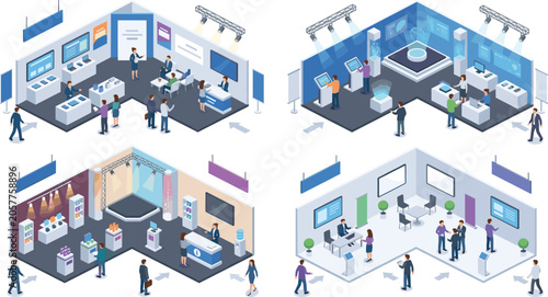 Canvastavla Exhibition booth isometric vector layout set featuring corporate convention trad