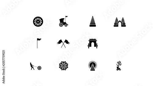 Foto Collection of black vector icons showing pilgrimage themes chariots temples and flag poles