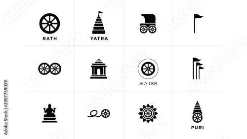 Fényképezés Set of black linear vector icons featuring ancient chariot wheels temple structures and flags