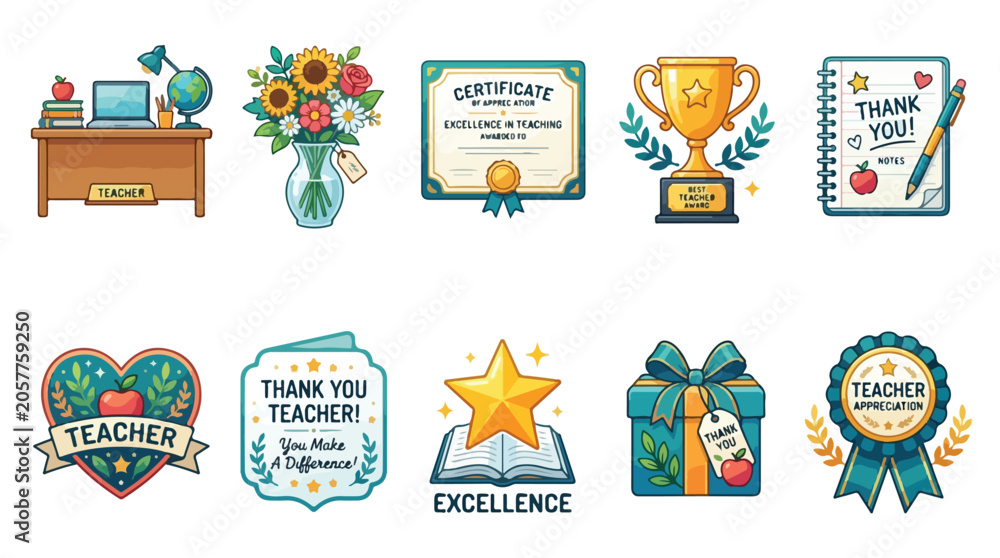 Fototapeta premium Set of cute teacher appreciation day stickers and school supplies illustrations.