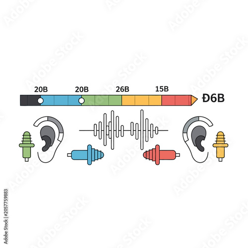 Hearing protection infographic elements with earplugs, decibel noise reduction scale, human ear anatomy diagrams, and sound wave vector illustration