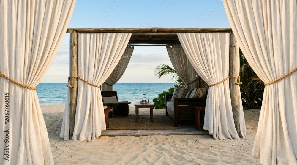 Obraz premium Luxury beach cabana entrance with curtains overlooking ocean