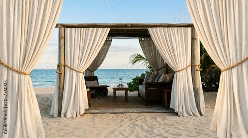 Luxury beach cabana entrance with curtains overlooking ocean