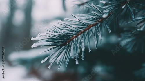 Frosty Pine Branch: A close-up shot showcases a pine branch adorned with sparkling frost, set against a blurred winter forest backdrop, evoking a sense of serene, cold beauty.