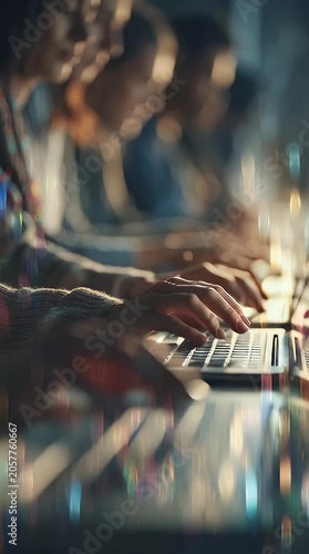 Focused hands typing on a laptop keyboard at night illuminated by vibrant city lights a modern concept of remote work technology and digital lifestyle