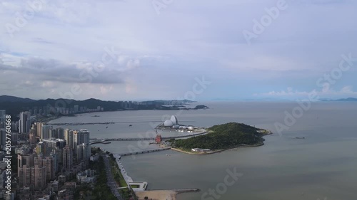 Aerial view of Zhuhai Opera House and Yeli Island coastline in Zhuhai, Guangdong, China in Zhuhai Opera House, Yeli Island, Zhuhai, Guangdong, China
