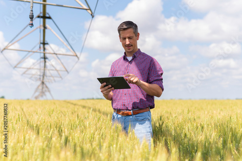 Farmer using tablet controlling irrigation system in wheat field