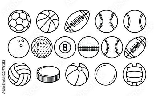 Collection of various sports balls line art illustrations