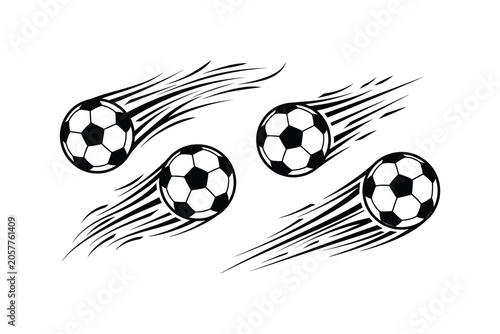 Four gray soccer balls flying fast with motion lines on white background