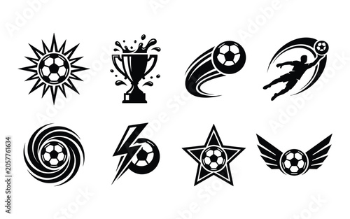 Soccer ball icon set with various abstract designs and symbols