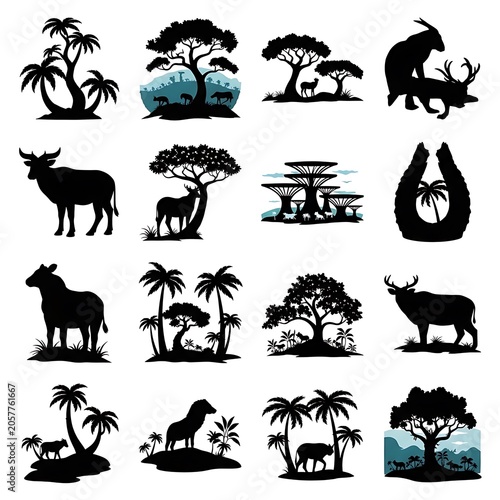 Black silhouettes of exotic animals and tropical plants.