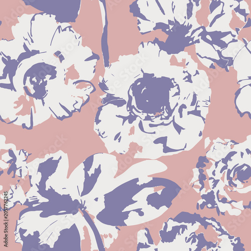 Soft pastel seamless floral pattern with light purple and white ink style peony flowers seamless botanical abstract blooming wallpaper background