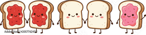Tableau sur toile Cute Bread and Jam Toast Character Collection Set with Kawaii Breakfast Mascots