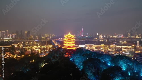 Illuminated Yellow Crane Tower and Wuhan Skyline at Night, Hubei, China in Yellow Crane Tower, Wuhan, Hubei, China