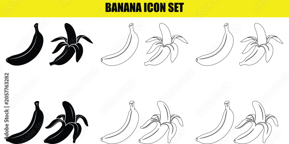 Fototapeta premium Banana icon set featuring solid black and outlined fruit illustrations.