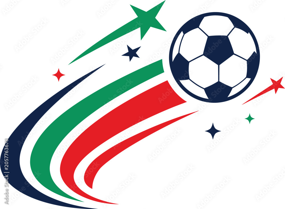 Naklejka premium Dynamic Soccer Ball Motion Trail with Colorful Stars and Football Championship Graphic Vector Illustration