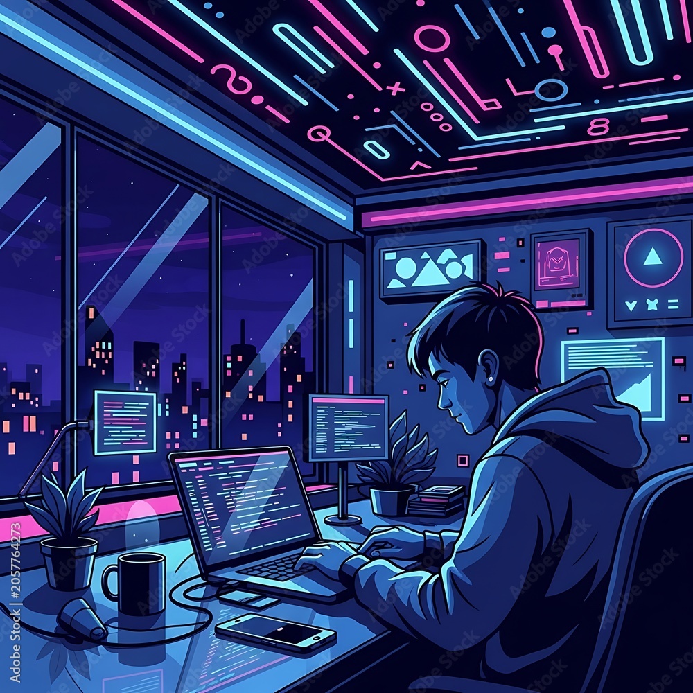 Obraz premium Cybersecurity expert monitoring digital threats at night.