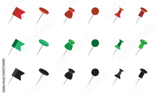 Collection of colorful push pins and map markers with realistic shadows on a clean white background
