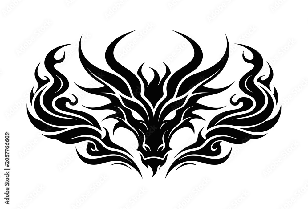 Fototapeta premium Tribal dragon head silhouette with flame wings tattoo design