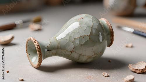 Crackle Glazed Celadon Vase in an Artist Studio Setting