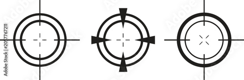 Three black and white sniper crosshair icons set precision targeting symbols for security applications