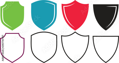 Schilderij op canvas Eight colorful shield icons and outlines for security protection and heraldry de