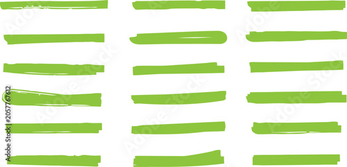Collection of vibrant green highlighter strokes and underlines isolated on white background