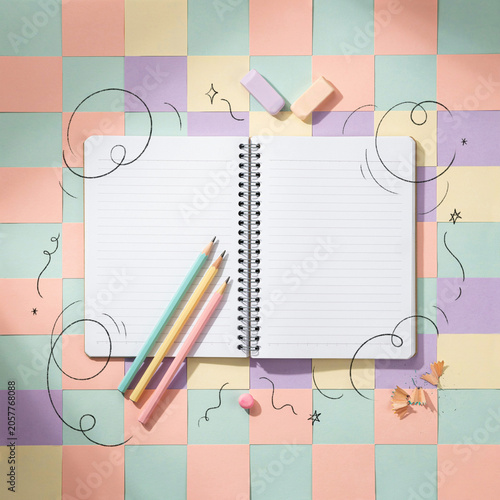 Open notebook with lined pages sits on a colorful grid pattern background with pencils and small erasers nearby.