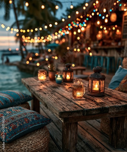 Empty Wooden Tabletop in Front of Tropical Beach Bar In a sunny coastal scene