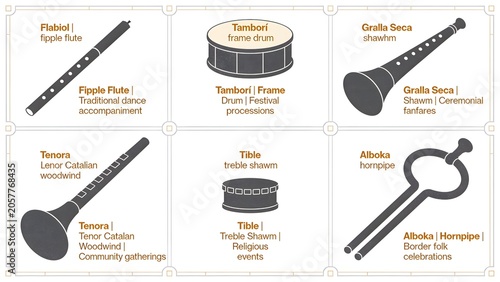 Six Andorran Folk Instruments Educational Chart — Flabiol Tamborí Gralla Tenora Tible Alboka, Flat Vector Infographic