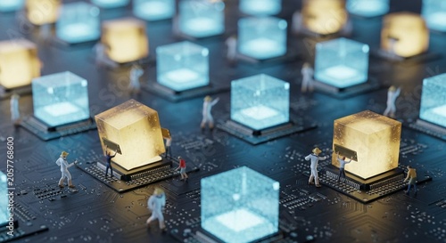 Tiny Figures Interacting with Glowing Digital Cubes on Circuit Board Background