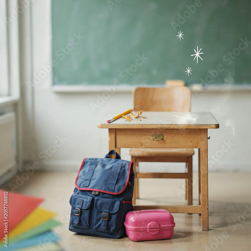 School desk and backpack are situated in a classroom setting to evoke memories of early childhood academic years.